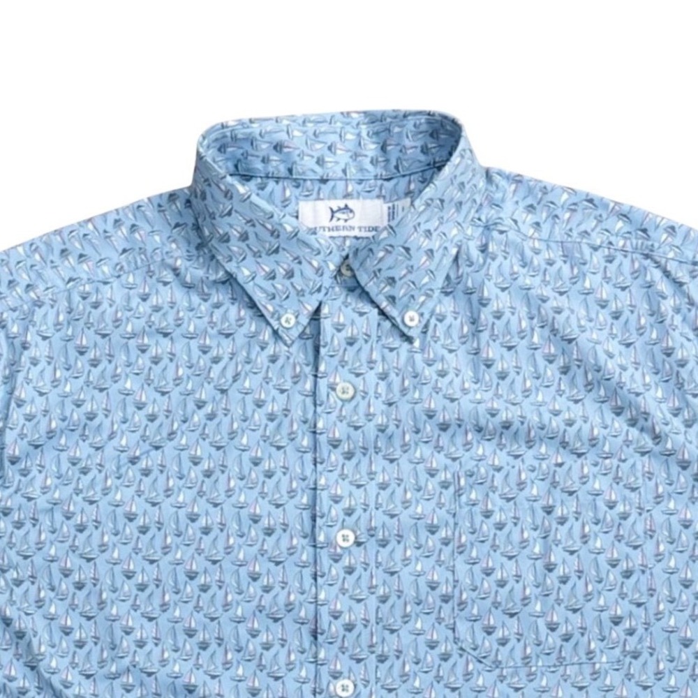 Southern Tide Light Blue Sailboat Print Button Down Men L Coastal Preppy Beachy